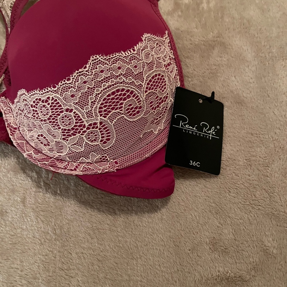 NWT Women’s Rene Rofe Lingerie Burgundy pink Bra 36C Underwire Lace Sexy - Picture 5 of 7